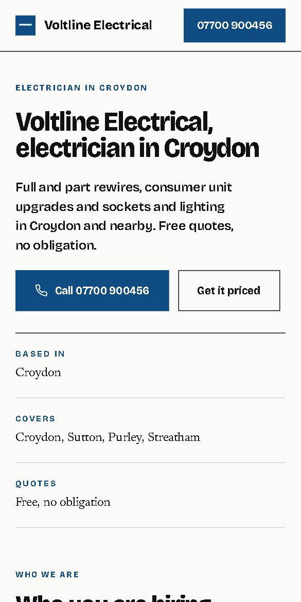 Example electrician website in the clean Plumb design